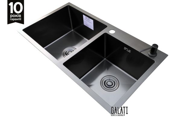 Фото Кухонная мойка черная Romzha (Galati) Arta U-730D BL сталь 3.0/1.2 мм + корзина и дозатор (3520)