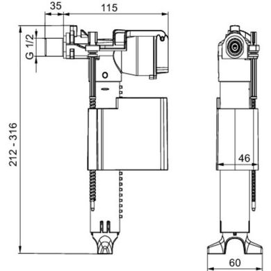 Фото Наповнююча арматура Sanit 1/2", бічне підключення, латунний штуцер 35 мм (25.002.00.0000)