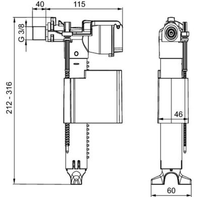 Фото Наповнювальна арматура Sanit 3/8", бічне підключення, латунний штуцер 40 мм (25.004.00.0000)