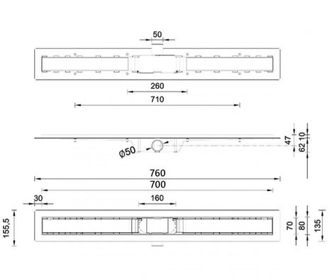 Фото Душевой канал Styron со стеклянной решеткой 700 мм (ACID-ETCHED), сухой сифон STY-G1-70