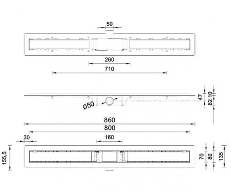 Фото Душевой канал Styron со стеклянной решеткой 800 мм (ACID-ETCHED), сухой сифон STY-G1-80