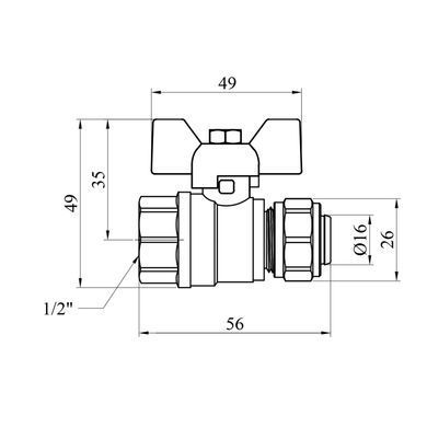 Кран кульовий металопластиковий Karro 16х1/2" РВ метелик, нікельований (CV006894)