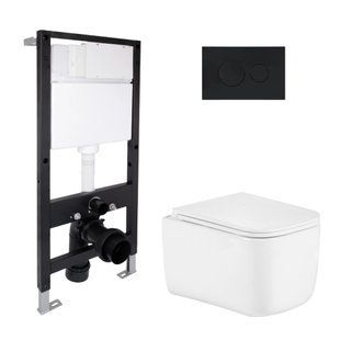 Фото Готовое решение Qtap для ванной комнаты: подвесной унитаз Gemini Ultra Quiet 485x340x350 + комплект установки Standard (круглая клавиша Black)
