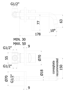 Фото Смеситель для раковины настенного монтажа Paffoni Light 178 мм, черный (LIG006NO70)