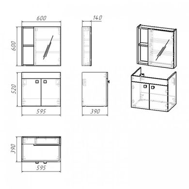 Фото Комплект мебели RJ ATLANT: тумба подвесная + умывальник 60 см + зеркальный шкаф 60x60, дуб (RJ02600OK)