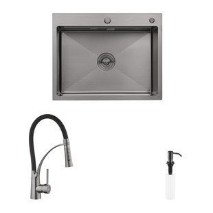 Фото Комплект кухонная мойка Kroner Schwarze-6350HM PVD + смеситель Ersel-GRP03393BLK + дозатор Spender-SCH049