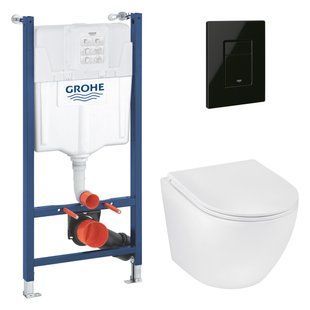 Фото Комплект 4 в 1: Інсталяція Grohe Solido 2 в 1 38971000 + Панель змиву для унітаза Even Black 38966KV0 + Унітаз підвісний безобідковий Kroner Harz WHI493736 TORNADO KH493736WHIT (38971966KV0KH49T)