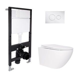 Фото Готове рішення Qtap для ванної кімнати: підвісний унітаз Jay Rimless 520x360x320 + комплект інсталяції Standard (кругла клавіша Chrome)