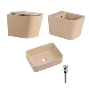 Фото Комплект Qtap Tern Beige 3 в 1: підвісний унітаз Ultra Quiet + біде підвісне + раковина накладна QTTERSB49163