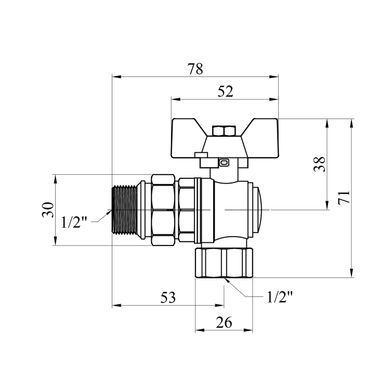 Кран-американка шаровой угловой Kroner 1/2" ВН PN40 бабочка, никелированный