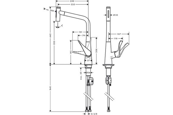 Фото Смеситель Hansgrohe Metris Select 320 2jet кухонный с вытяжным изливом (73820000)