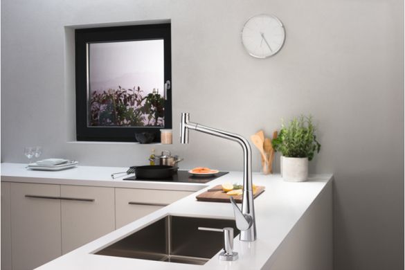 Фото Смеситель Hansgrohe Metris Select 320 2jet кухонный с вытяжным изливом (73820000)