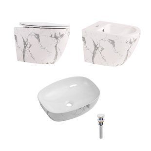 Фото Комплект Qtap Robin Marble 3 в 1: підвісний унітаз Ultra Quiet + біде підвісне + раковина накладна QTROBMR49160