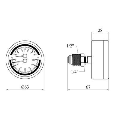 Термоманометр Karro 1/2"х1/4" горизонтальний 63 мм KR-1086В (CV012303)