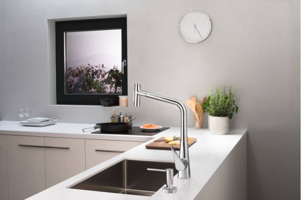 Фото Змішувач Hansgrohe Metris Select 320 2jet кухонний з витяжним зливом Sbox (73816000)