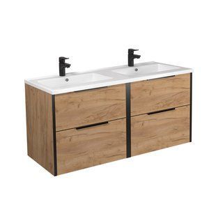 Фото Тумба Мойдодыр Line Craft 120-A DOUBLE дуб крафт с умывальником Rodeo 120x2 (00-0009426)