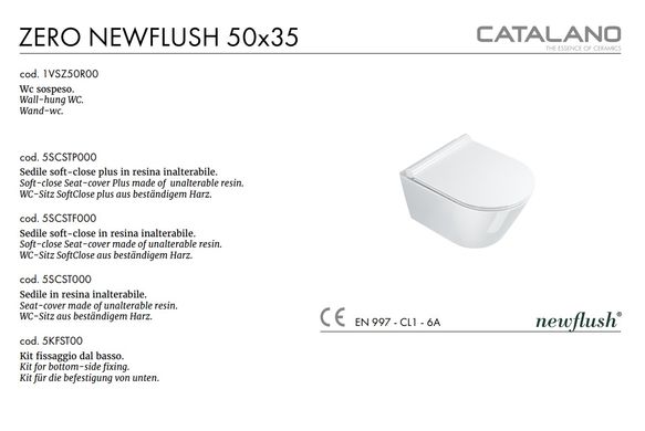 Фото Чаша підвісного унітазу Catalano ZERO Newflush 35x50 см, білий 1VSZ50R00