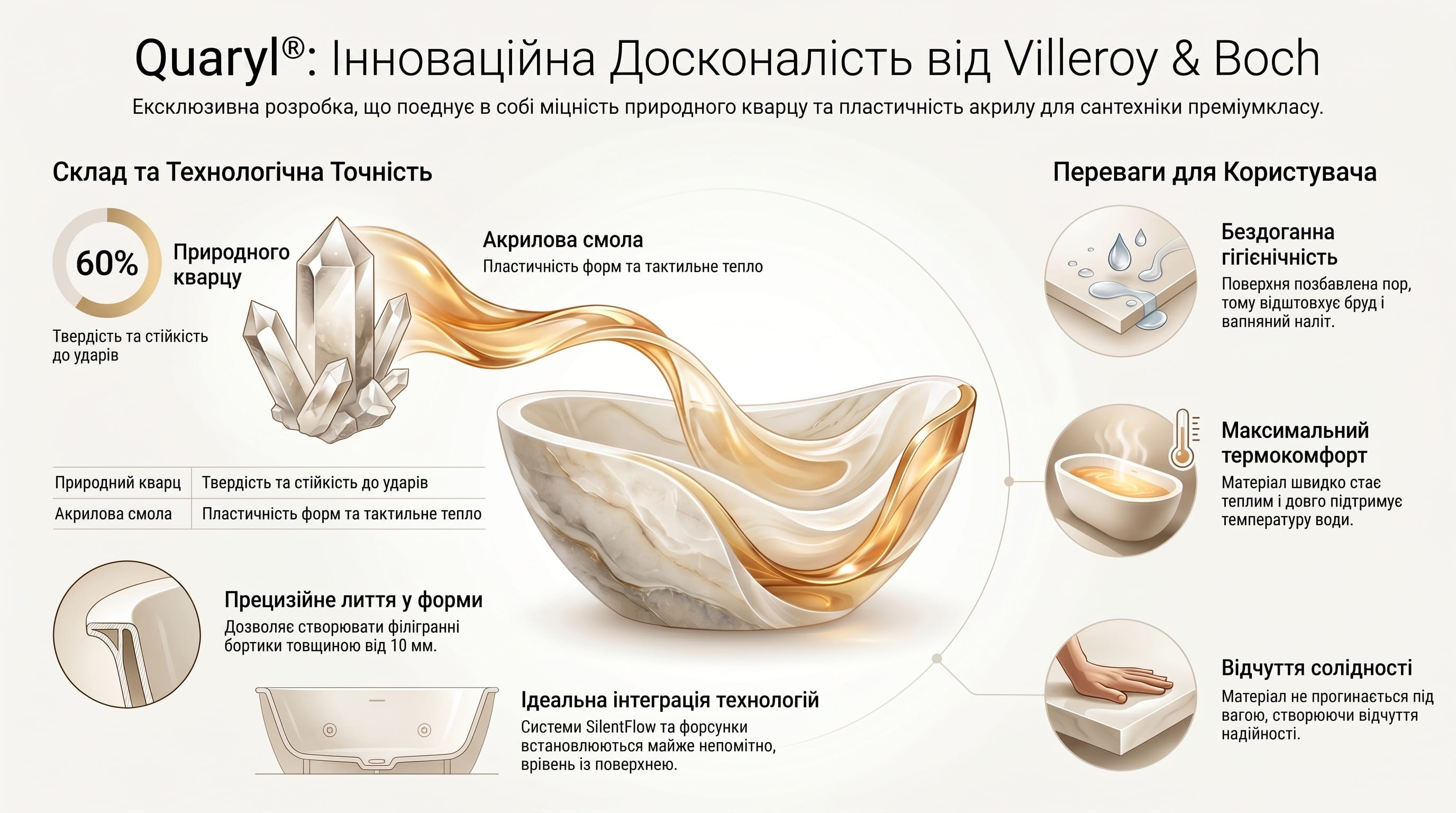 Материал Quaryl — литой композит из кварца и акрила для ванн Villeroy & Boch