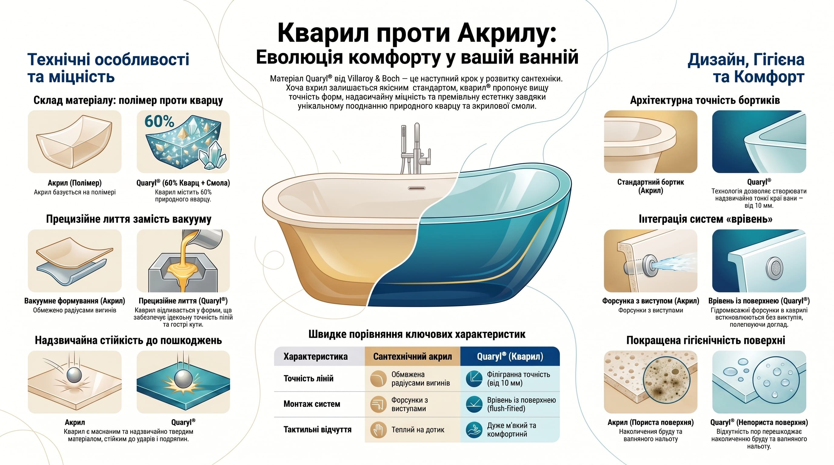 Еволюція дизайну композитних ванн: порівняння матеріалів кварил та акрил